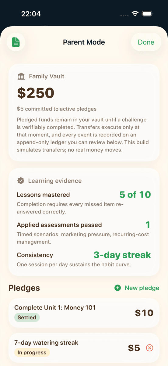 Parent mode: learning evidence and an auditable ledger